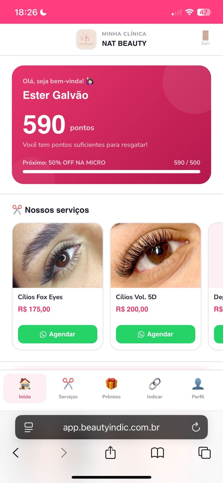 Portal do cliente Beauty Indic no celular