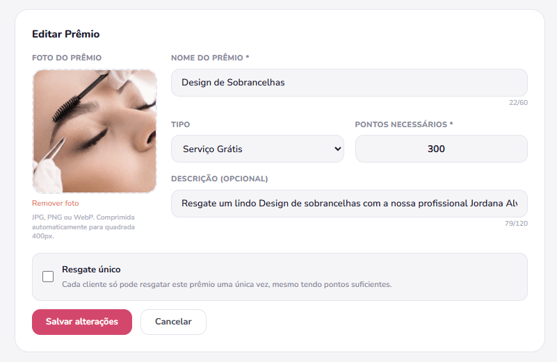 Configuração de prêmios da clínica